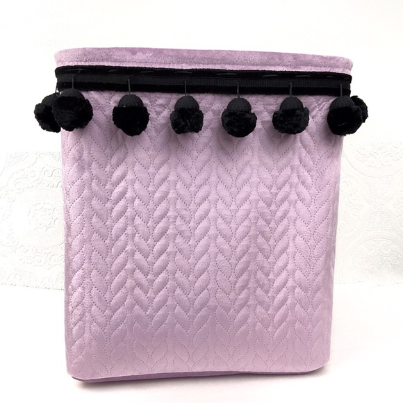 Lavender velvet chenille pom pom trim storage bin basket container - Picture 4 of 8